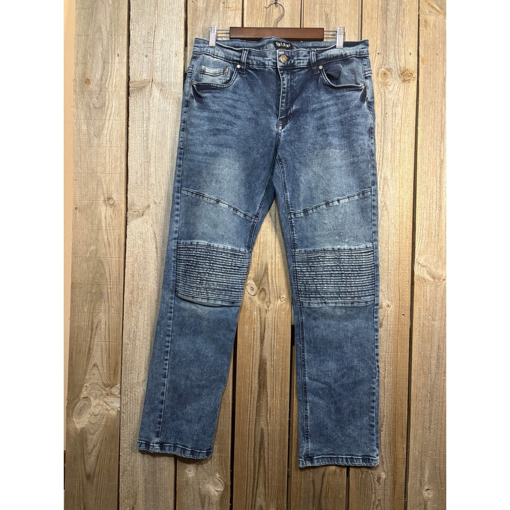 Suko Jeans Mens Moto Biker Denim‎ Pants Blue Medium Wash Ribbed Knee 34x31